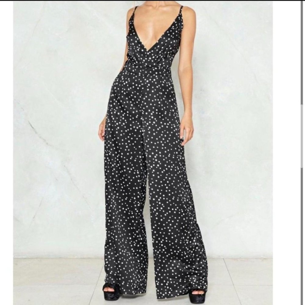 NASTY GAL Wide Leg Jumpsuit Black Star Print Size 6